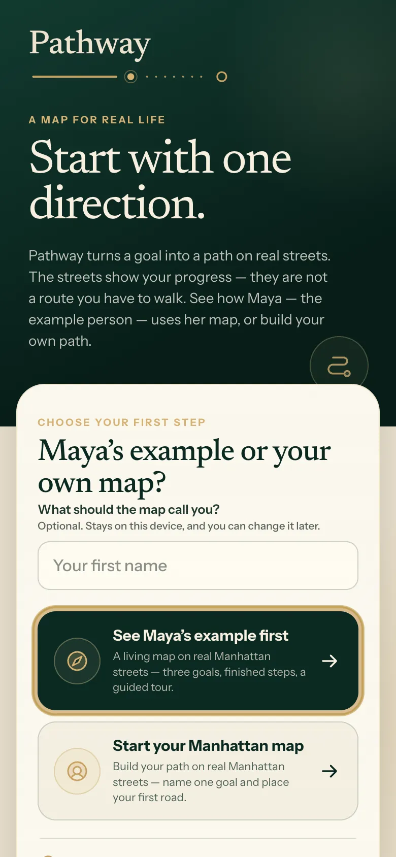 Start screen: choosing between Maya's example and your own map